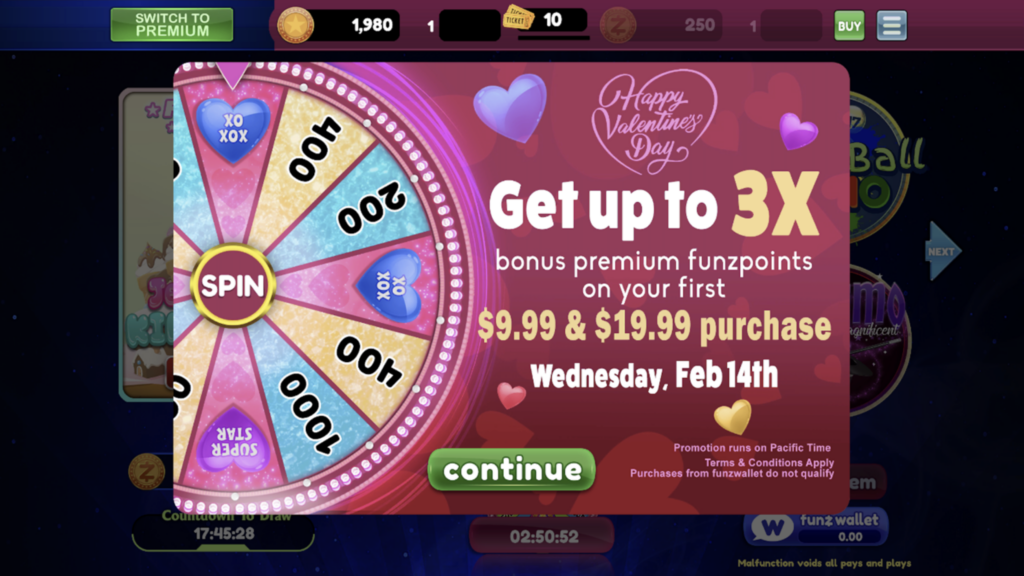 Funzpoints promotions for special occasions, example Valentines Day promotion 