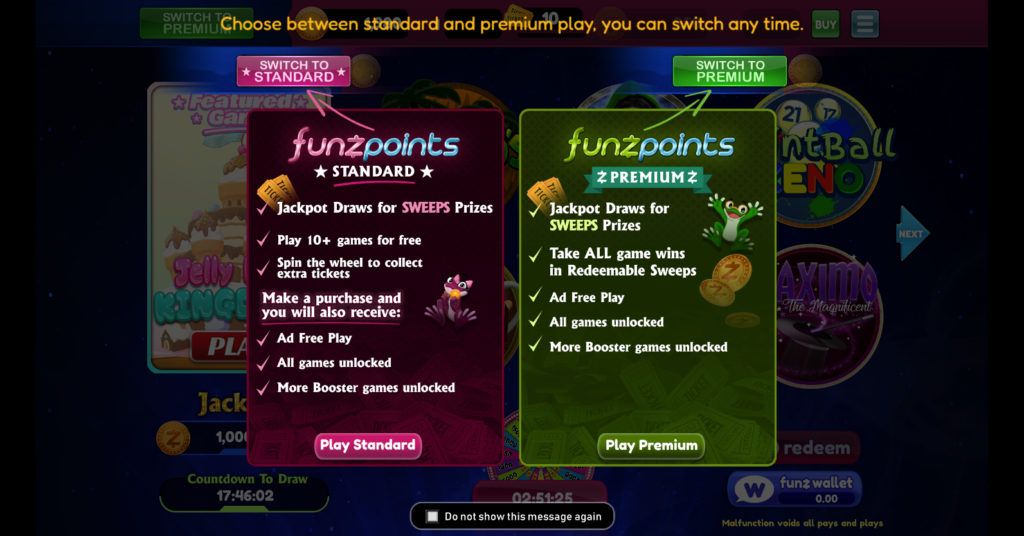 Logins showing premium and standard gameplay