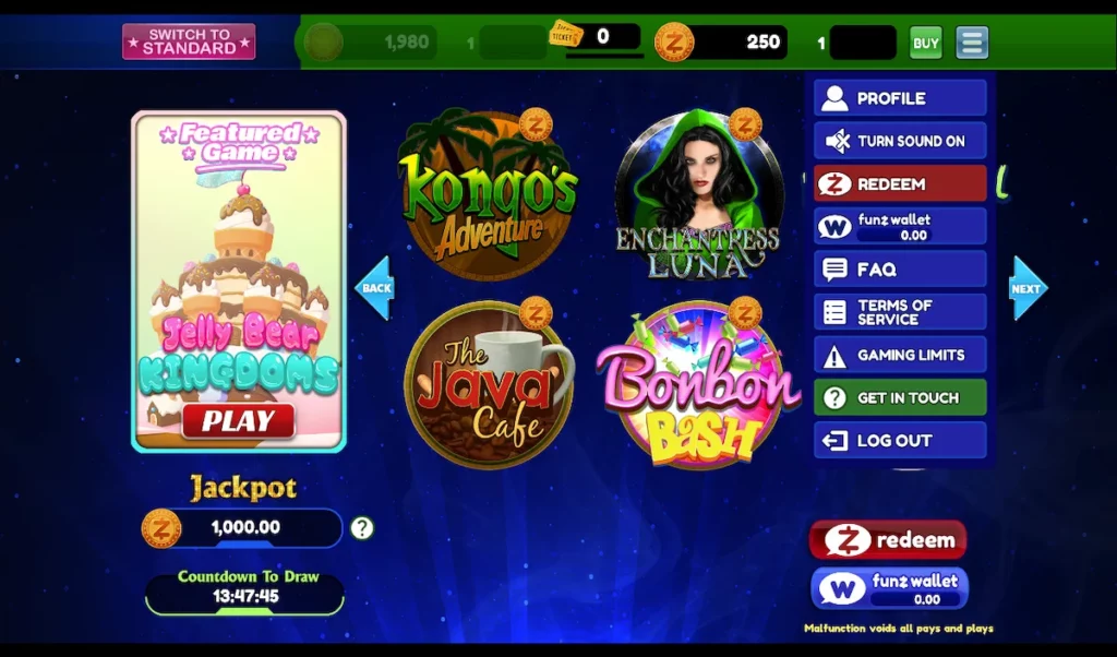 Funzpoints game lobby with menu selection in view