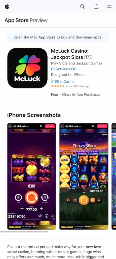 McLuck casino iOS app, from Apple app store 
