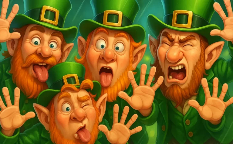 Four leprechauns making funny faces pressed up against a pane of glass