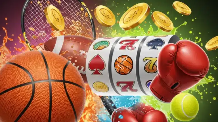 Mix of sports equipment alongside slot game reels with gold coins flying into the air in the background.