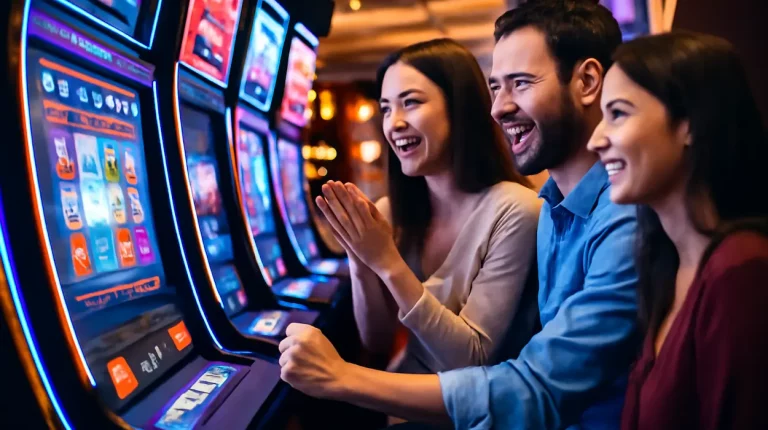 Happy slot machine players celebrate a win in the casino.