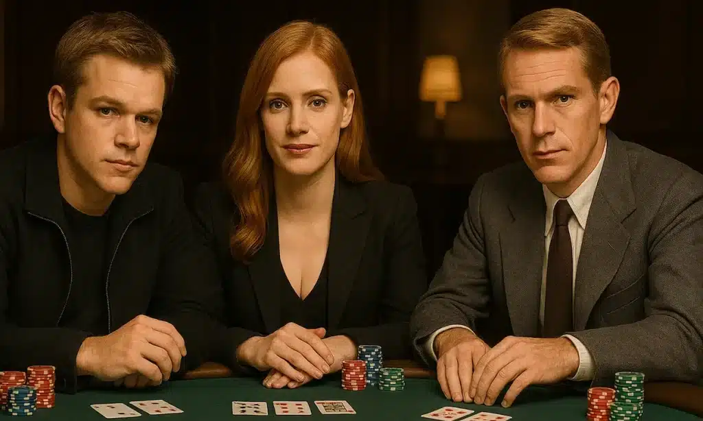Matt Damon, Jessica Chastaine and Steve McQeen sitting around a poker table.