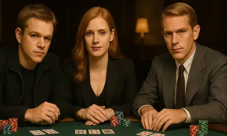 Matt Damon, Jessica Chastaine and Steve McQeen sitting around a poker table.