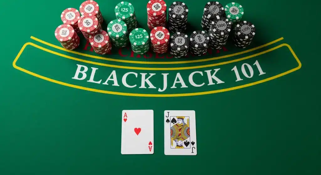 Blackjack 101 written on green blackjack table, on which are casino chips and an ace of hearts and jack of spades