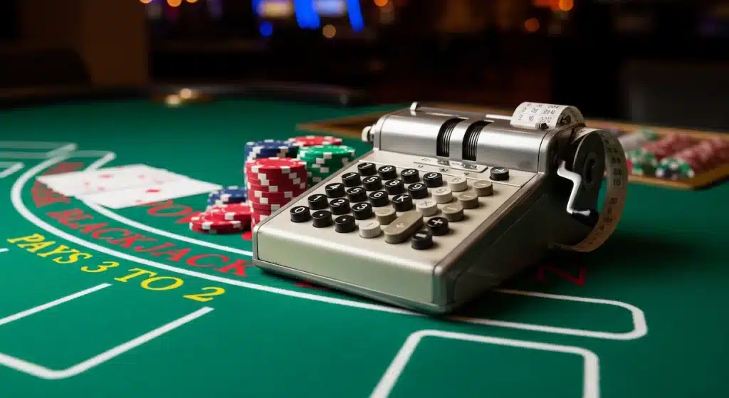 Old fashioned calculator on a blackjack table for counting cards
