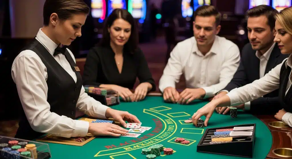 Female dealer and players at the blackjack table in a casino