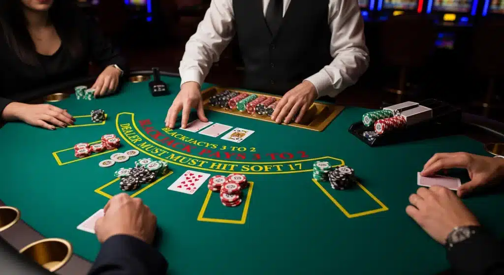 Blackjack table showing cards dealt and players.