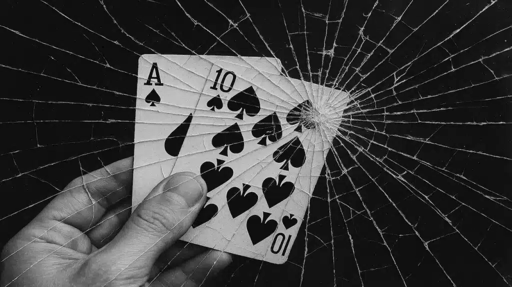 Hand holding Ace and 10 of spades to make blackjack, on a cracked screen.