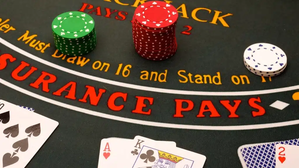 Blackjack table showing cards and chips