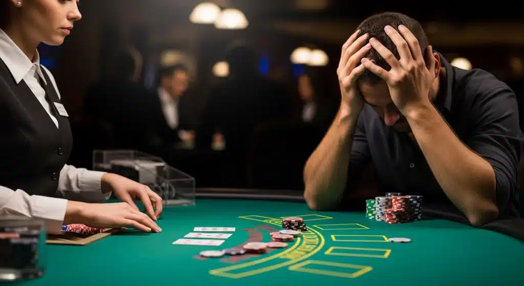 Blackjack player holds head in hands at the table after making a mistake.