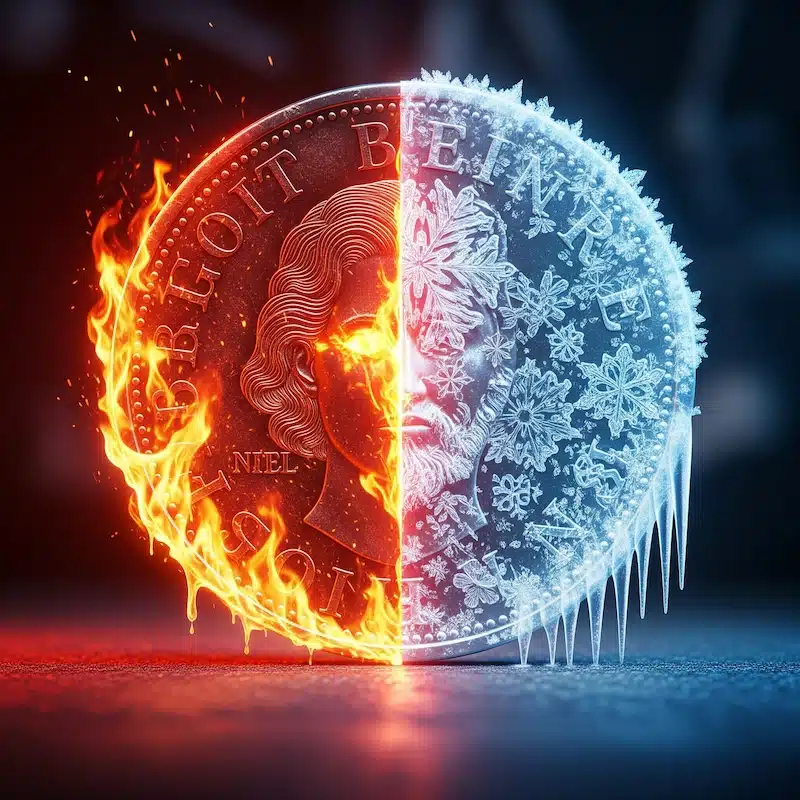 A coin where half is hot and the other half is freezing cold