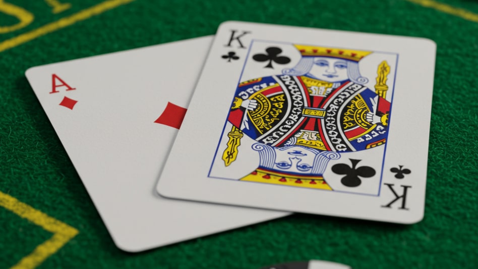 Ace of diamonds and King of clubs on a blackjack table