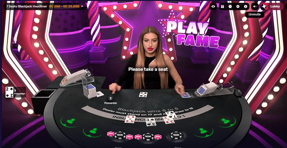Live dealer blackjack game in progress at PlayFame social casino