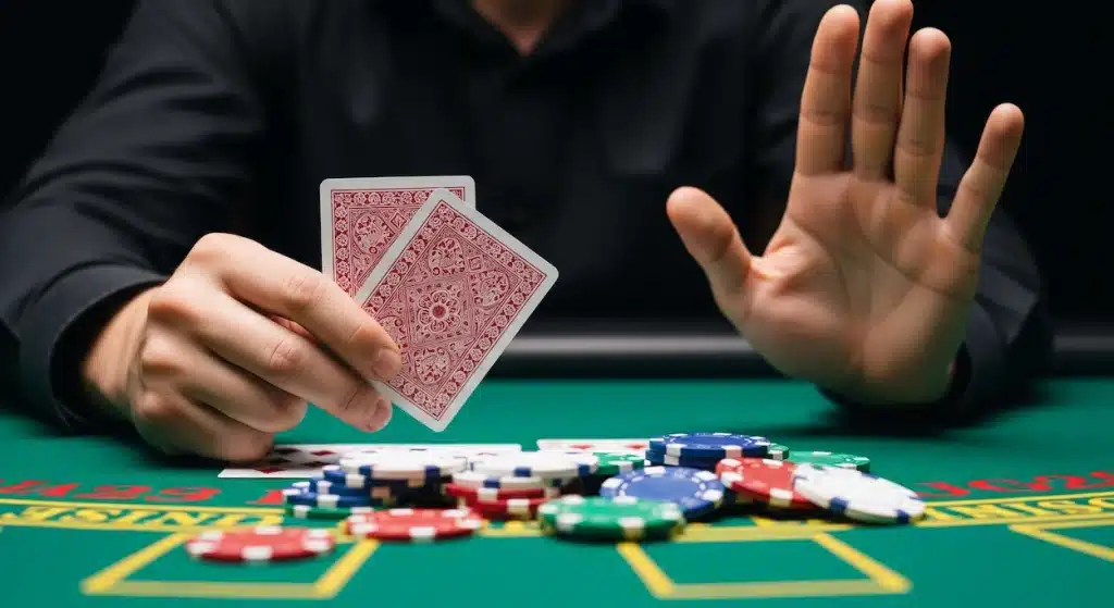 Player holding blackjack cards at the table rejects offer of insurance