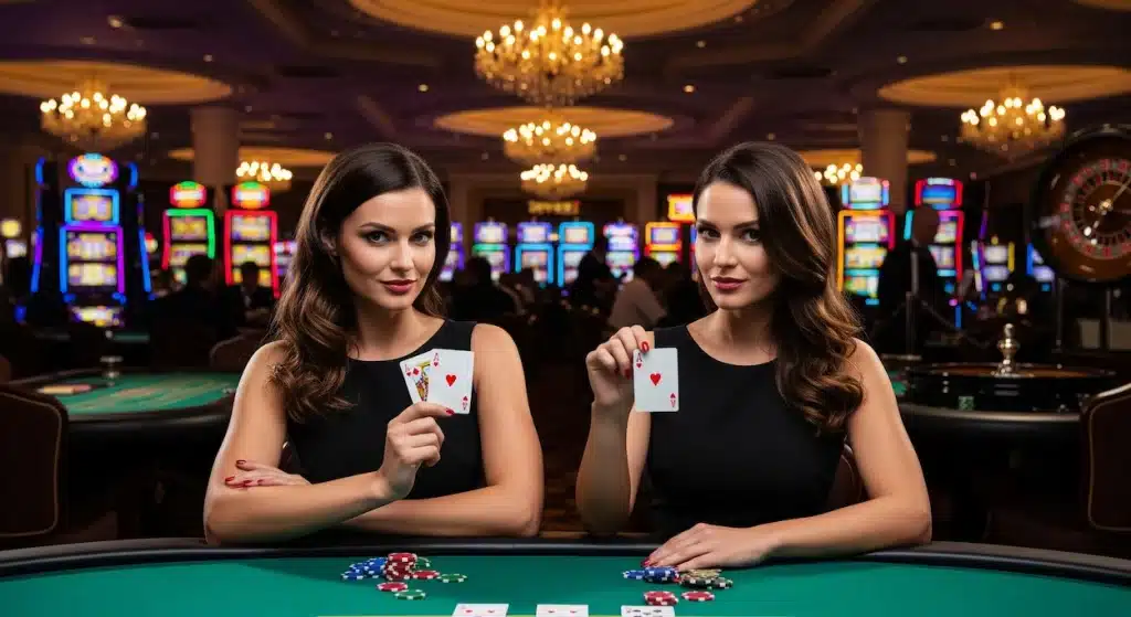 Two identical women holding perfect pairs of aces at a casino