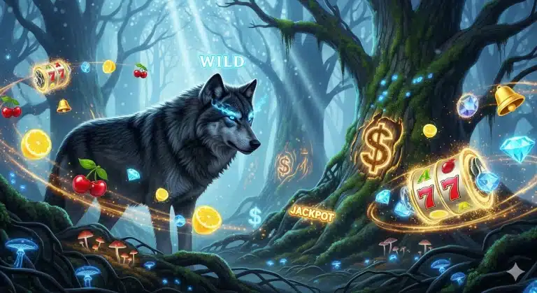 Wolf in a forest surrounded by slot game features