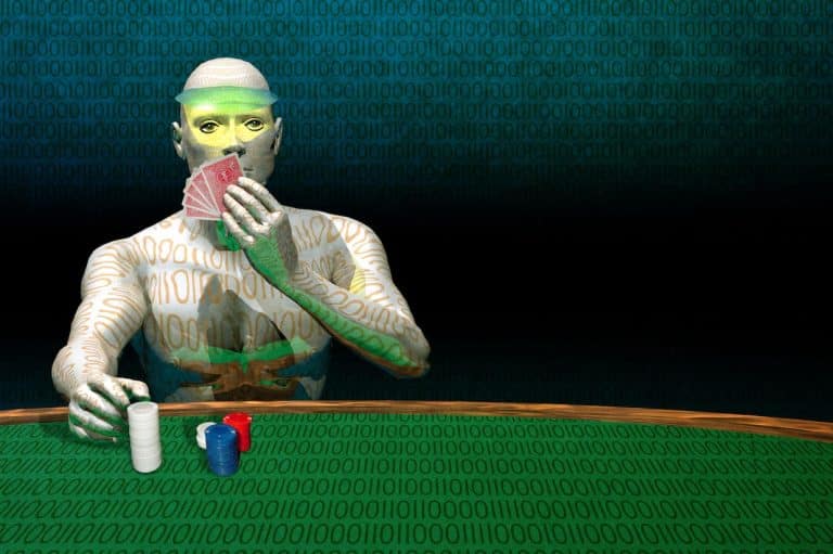 AI robot at a casino gaming table playing cards.