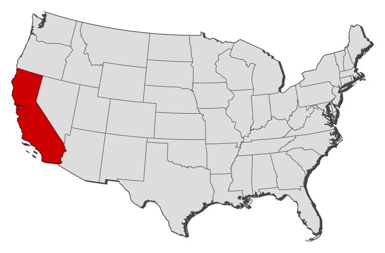 A political map of the United States with California highlighted in red.