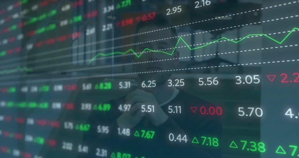 Screen showing stock market data as values rise and fall