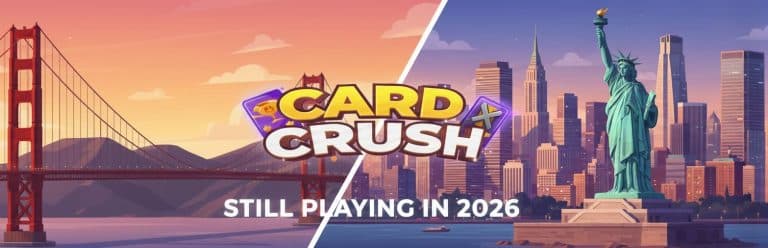 CardCrush.com logo superimposed over images from New York and California
