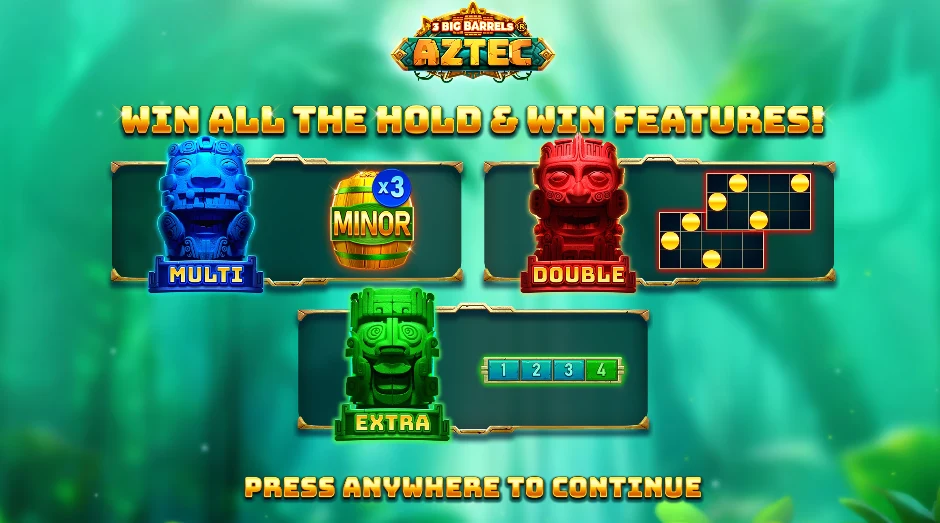 3 Big Barrels Aztec slot artwork with three colored barrel meters