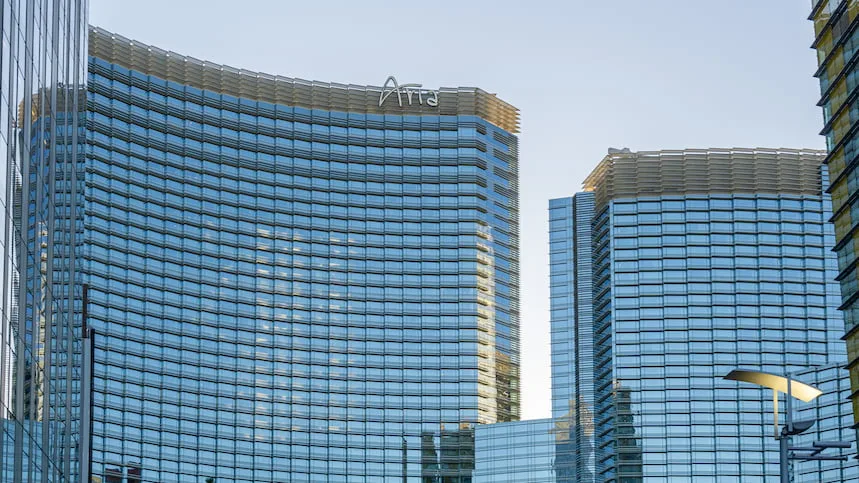 Exterior towers of Aria Resort and Casino in Las Vegas.