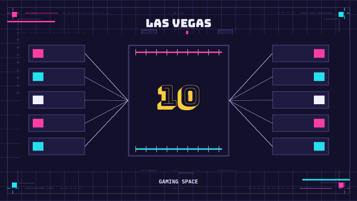 Ten abstract floor-plan sheets pass through a common gaming-space measurement frame.