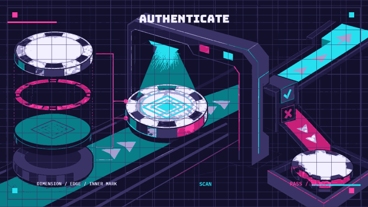 Unmarked casino token passes through a security scanner while an irregular token is rejected.