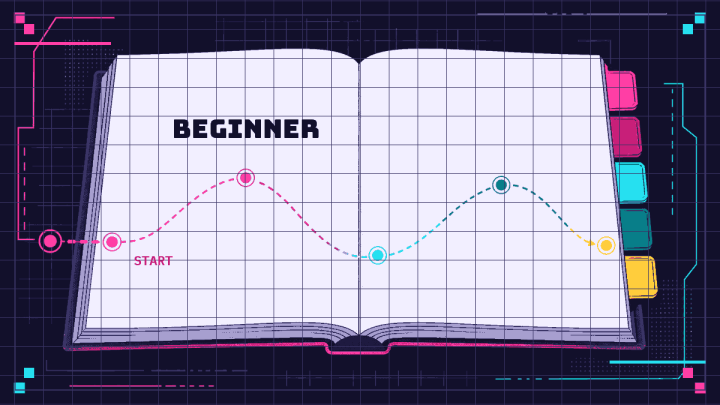 Open beginner field guide with a five-stop learning path across its pages.