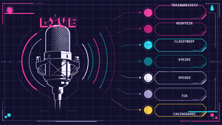 Studio microphone broadcasting toward seven labeled streamer profile rows.
