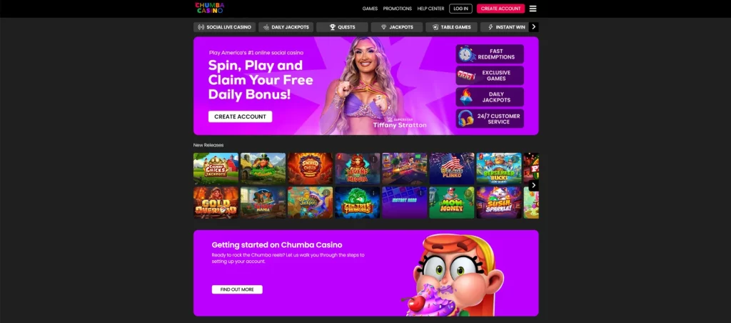 Full Chumba Casino public lobby with promotional banner, game-category navigation and new-release tiles.