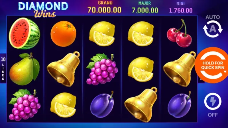 Bell symbols in Diamond Wins Bell and fruit symbols on the Diamond Wins slot reels.