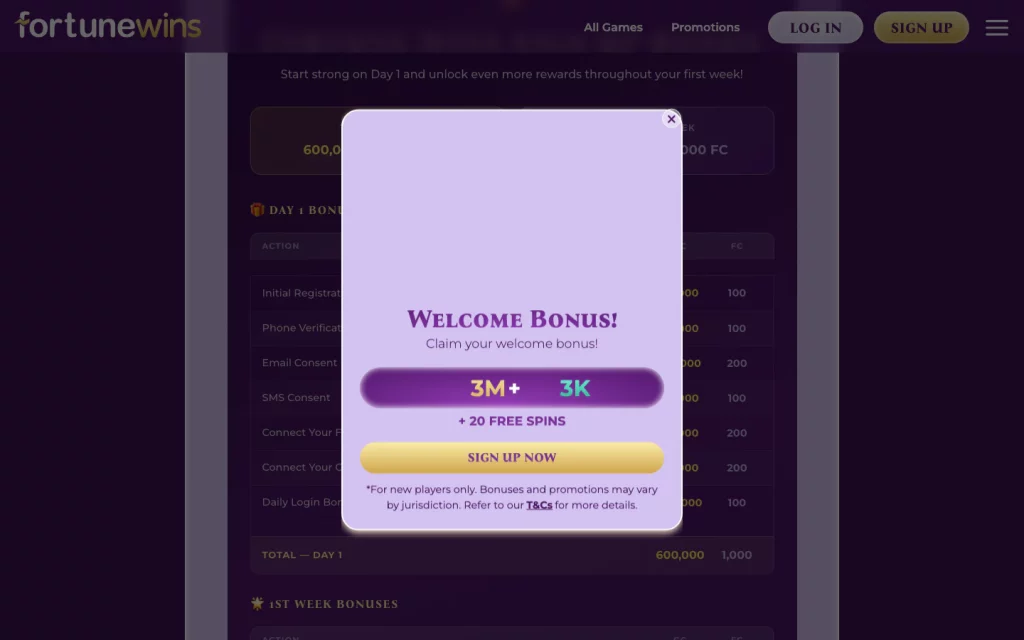 Fortune Wins live welcome popup advertising more than 3 million GC, 3,000 FC and 20 free spins.