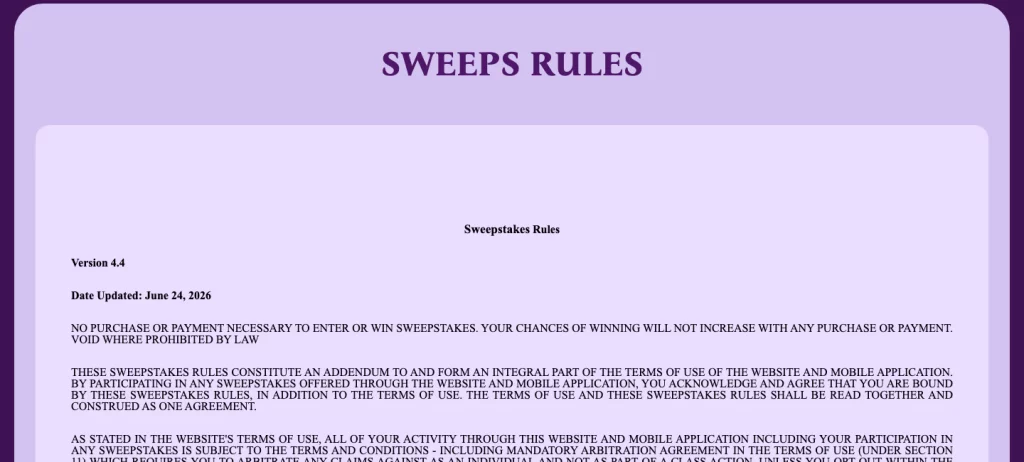 Fortune Wins Sweeps Rules version 4.4 showing the June 24, 2026 update date and no-purchase notice.