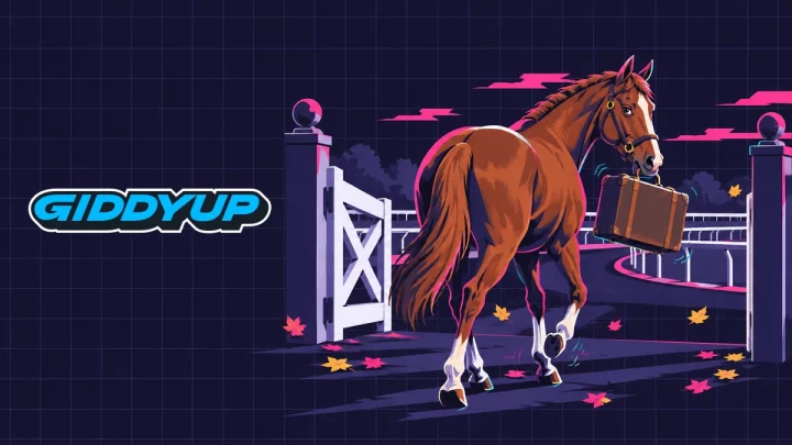 GiddyUp logo beside an editorial illustration of a racehorse leaving with a suitcase