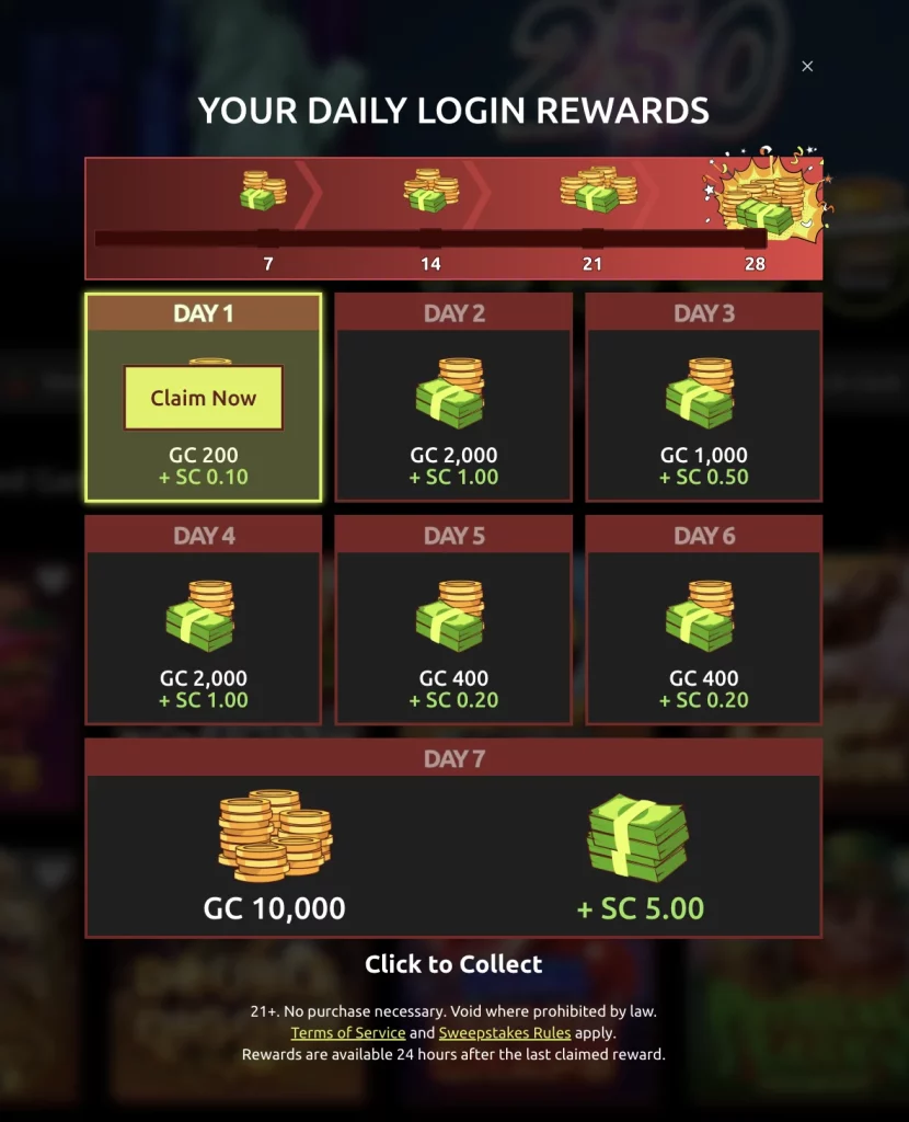 HelloMillions daily login rewards showing Days 1 through 7.
