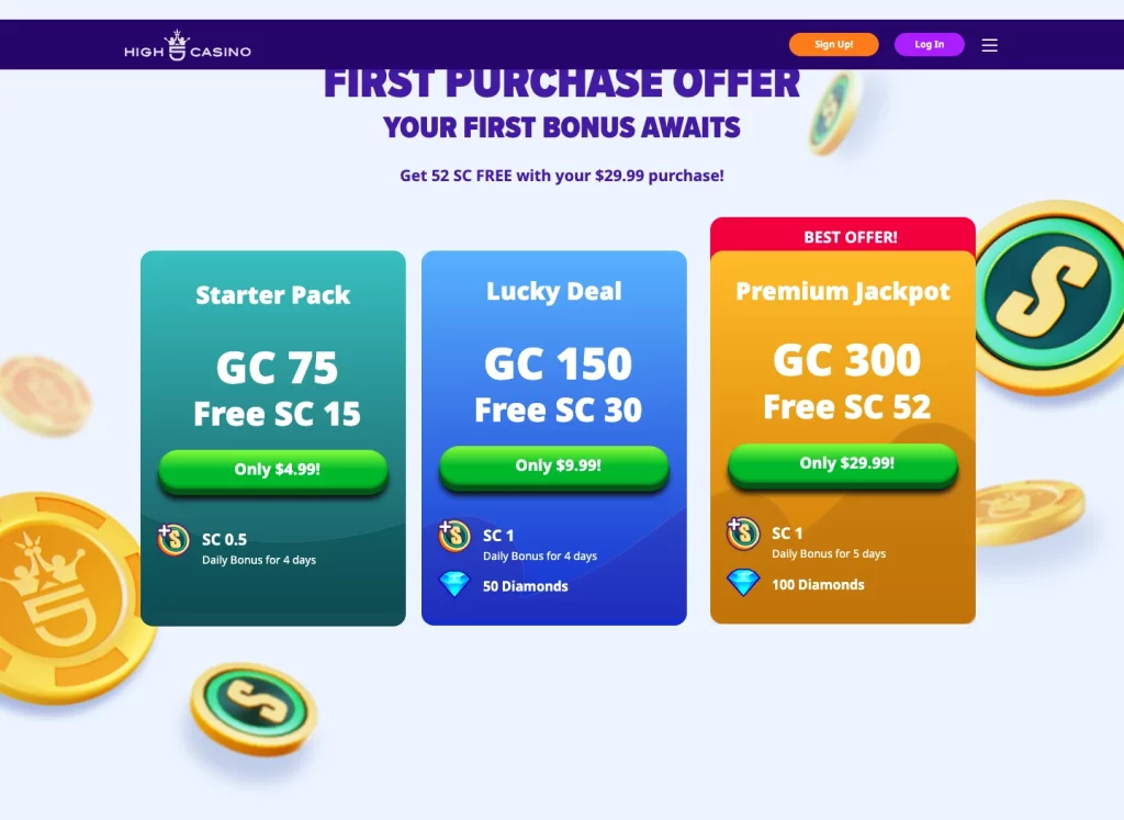 High 5 Casino desktop first-purchase section showing $4.99, $9.99 and $29.99 packages.