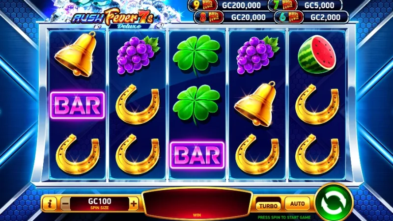 Horseshoe symbols in Rush Fever 7s Golden horseshoes, bells, BARs, and fruit on the Rush Fever 7s reels.