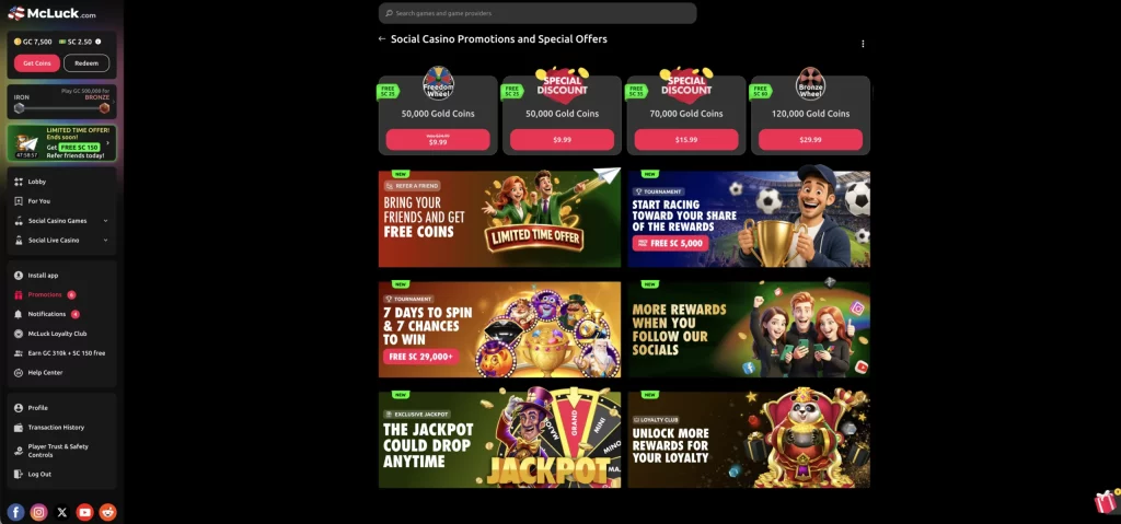 McLuck promotions page showing coin packages and six promotional campaign tiles.