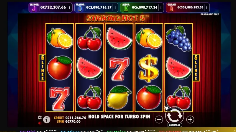 Fruit symbols in Striking Hot 5 Fruit, lucky seven, and dollar symbols on the Striking Hot 5 reels.