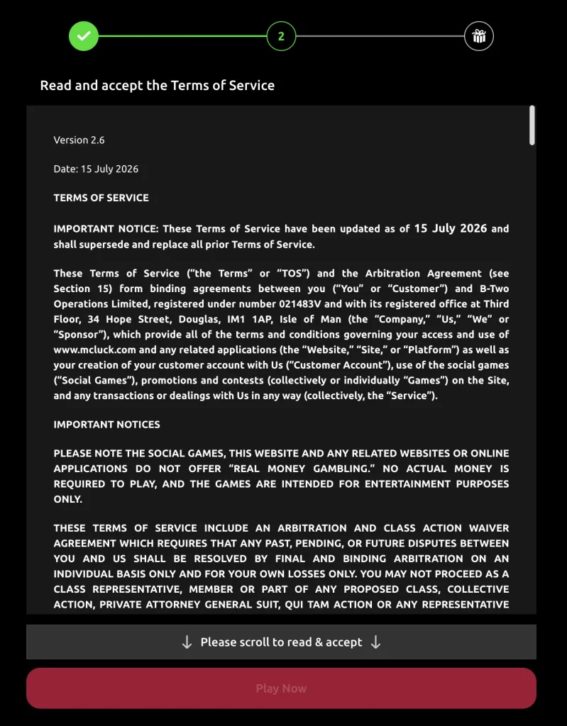 McLuck registration screen showing Terms of Service version 2.6 dated 15 July 2026.