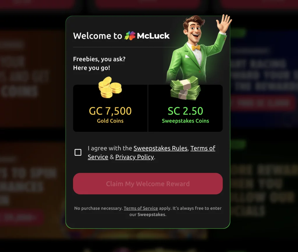 McLuck welcome modal offering 7,500 Gold Coins and 2.50 Sweepstakes Coins.