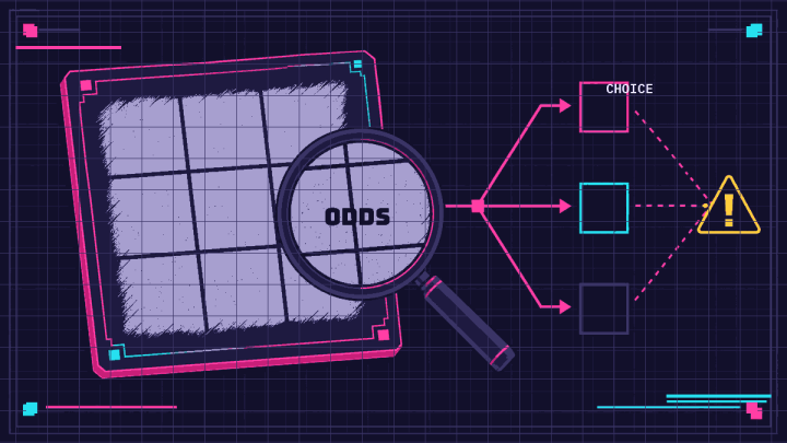 Magnifying lens examining a scratch grid with branching choices leading to a caution marker.