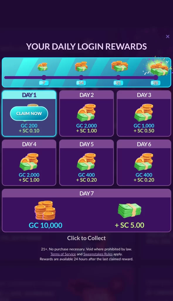 PlayFame seven-day daily login schedule showing Gold Coin and Sweepstakes Coin rewards for each day.