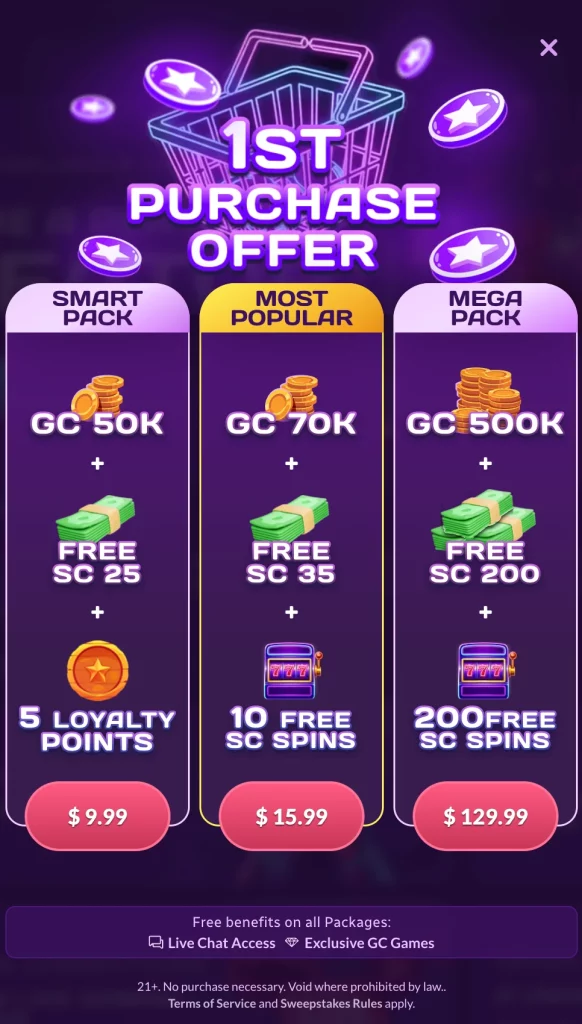 PlayFame first-purchase screen showing Smart, Most Popular and Mega packages with GC, free SC and extra rewards.