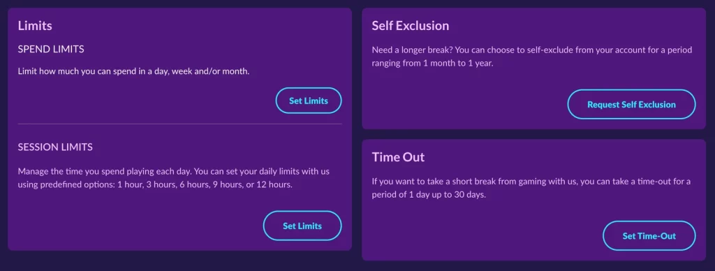 PlayFame account controls for spending limits, session limits, self-exclusion and time-out.
