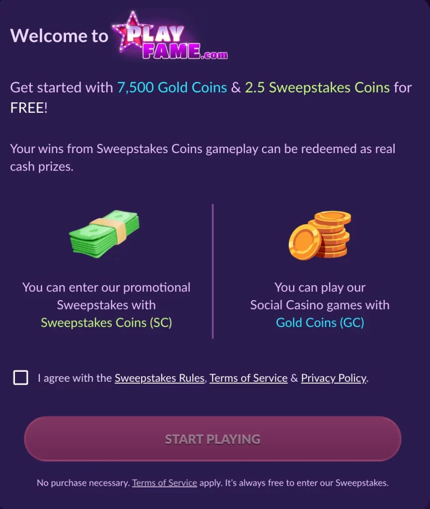 Full PlayFame welcome screen offering 7,500 Gold Coins and 2.5 Sweepstakes Coins and explaining GC and SC play.