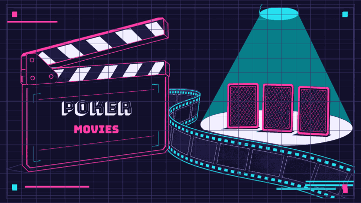 Film clapperboard and film strip leading to three plain card backs under a spotlight.